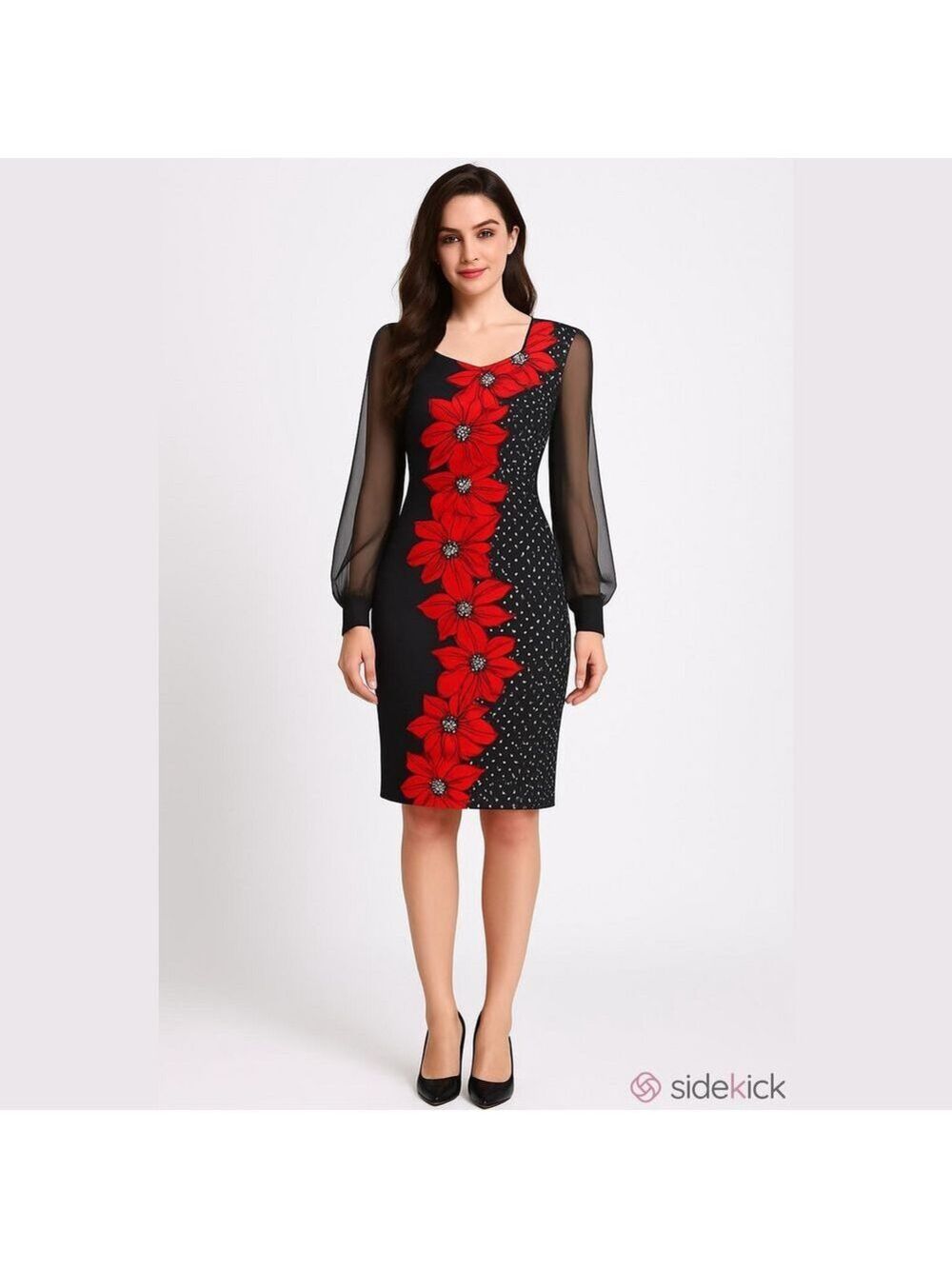 Beautiful bodycon dress with sheer long sleeves, lightweight,midi,size Small,new
